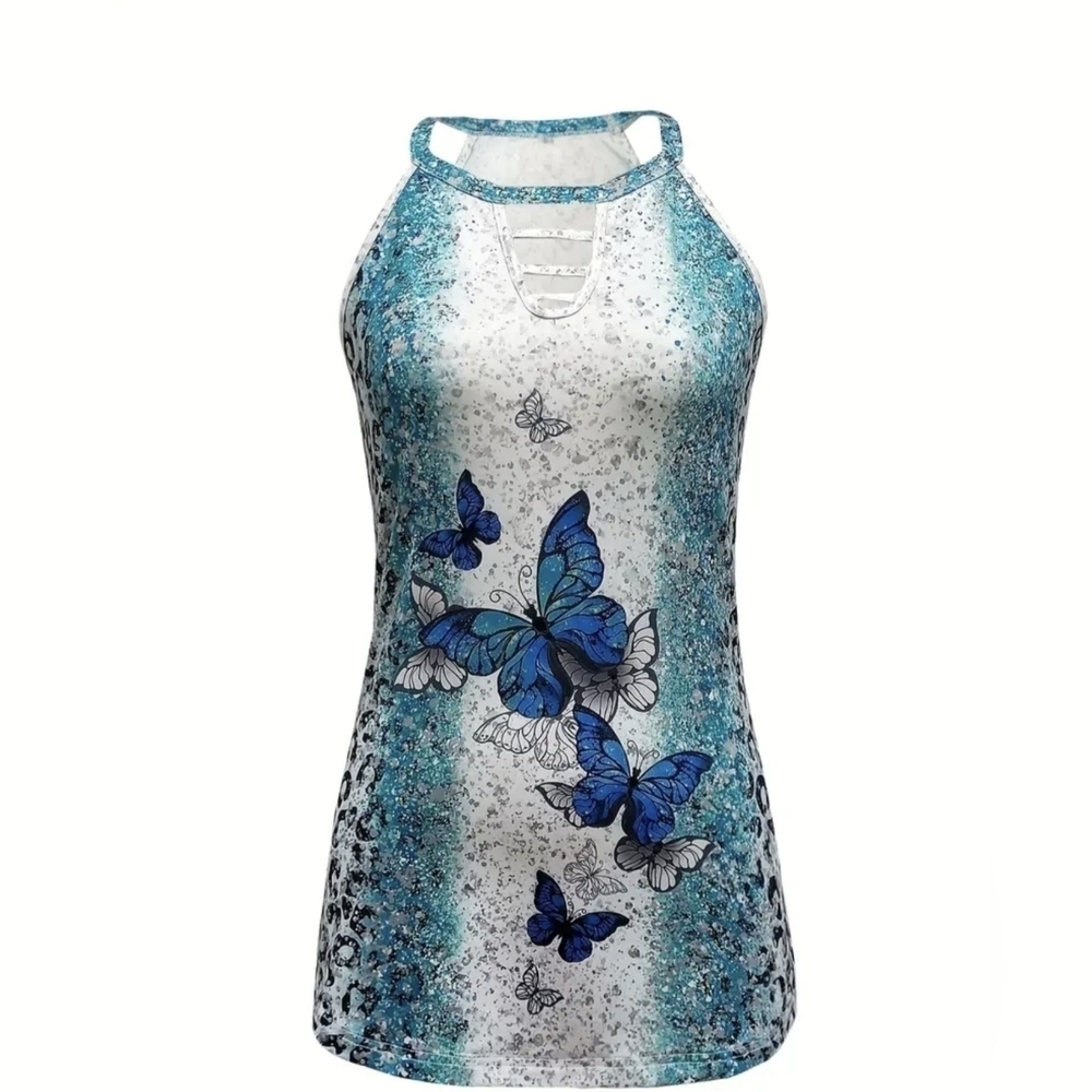Cutout Butterfly Print Halter Neck Top, Casual Summer Sleeveless Top, T1W - Picture 4 of 8